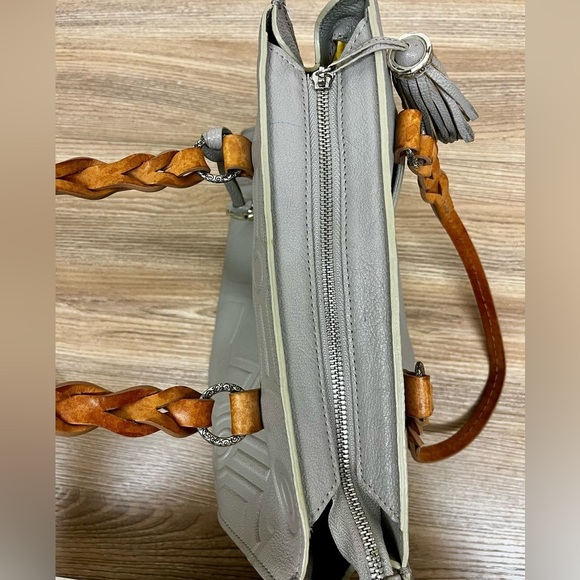 Brighton Lite Gray + Brown Floral Leather Handbag Purse Tote Bag F058606 RARE - Picture 11 of 16